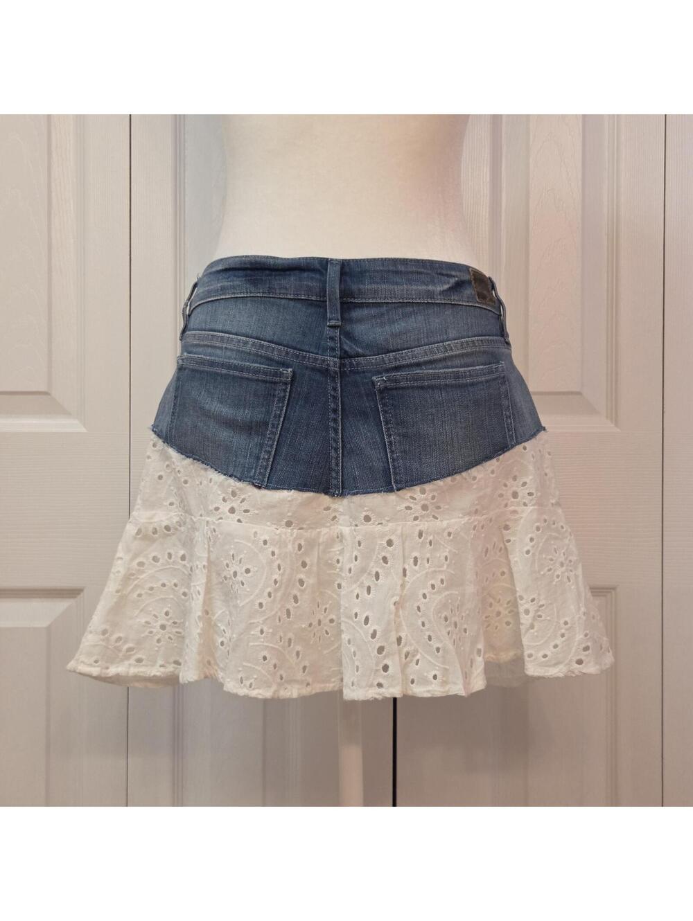 Beaded Denim Mini Skirt with Lace Hem Size 25 Y2K Boho Fairy Pearl Rhinestone - Picture 2 of 8